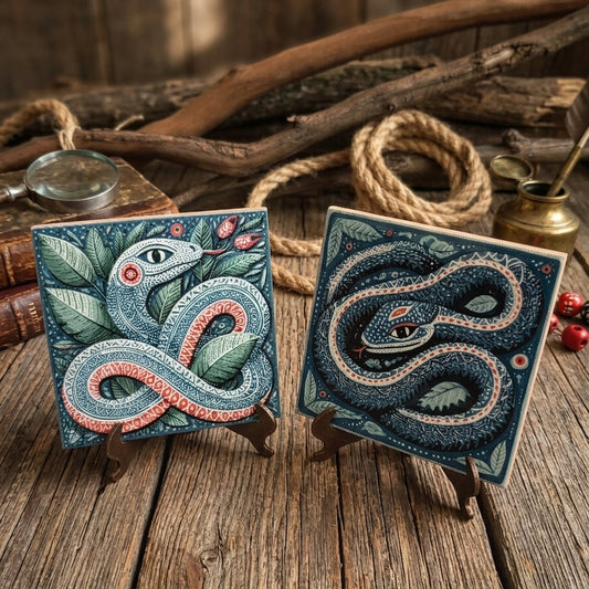 2 piastrelle in ceramica rustiche con serpente d'arte popolare messicana
