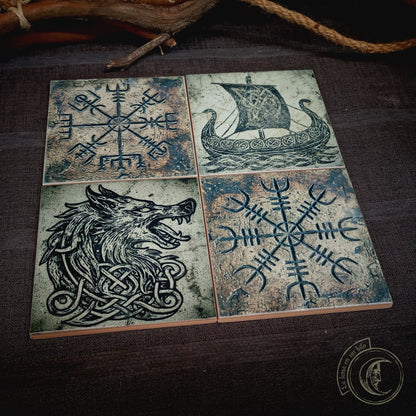 Norse Altar Tile Set of 4 - Viking Ceramic Home Decor