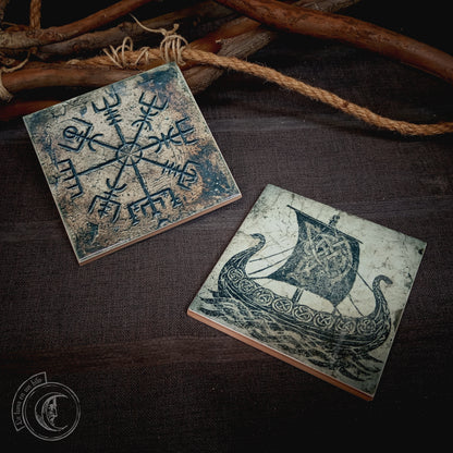 2x Viking Ceramic Tiles - Drakkar & Vegvisir