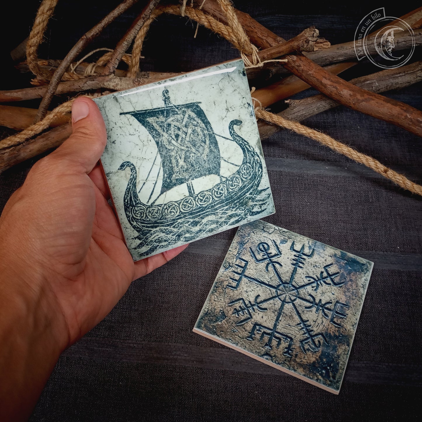 2x Viking Ceramic Tiles - Drakkar & Vegvisir