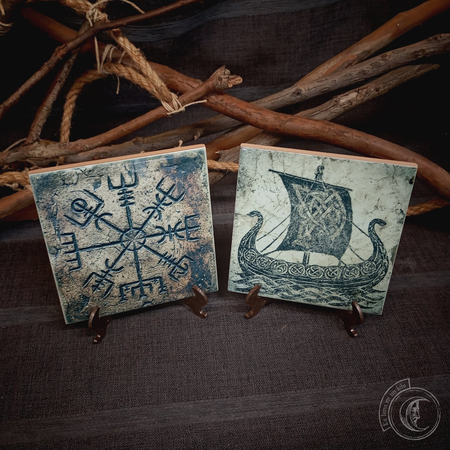 2x Viking Ceramic Tiles - Drakkar & Vegvisir