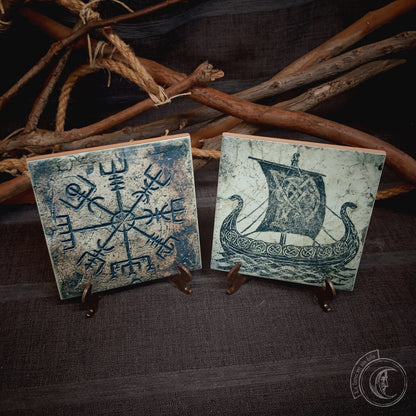2x Viking Ceramic Tiles - Drakkar & Vegvisir