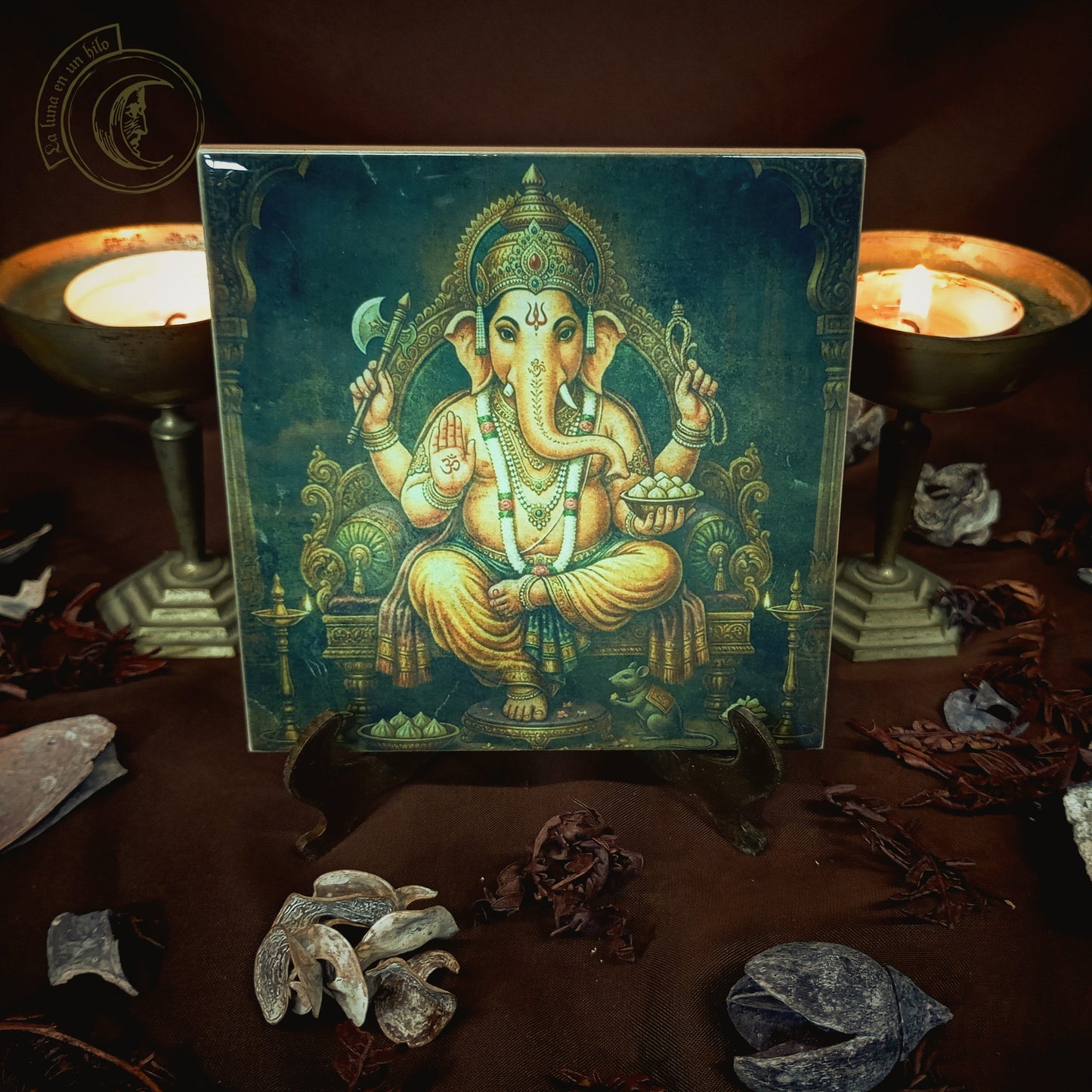 Azulejo Cerámico de Ganesha - Dios Elefante Hindú, Altar Prosperidad y Éxito