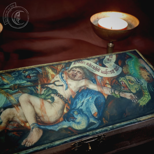 Mittelalterliche Höllenkunst Holzbox – Seele des Lazarus und Dämonen –