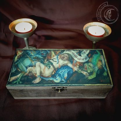 Mittelalterliche Höllenkunst Holzbox – Seele des Lazarus und Dämonen –