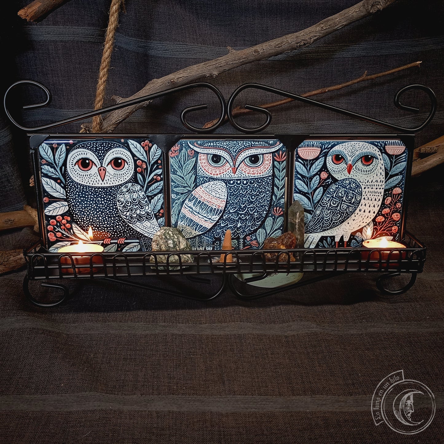 Scandinavian Folk Owl Wall Shelf | Wrought Iron Shrine