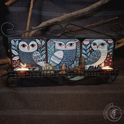 Scandinavian Folk Owl Wall Shelf | Wrought Iron Shrine