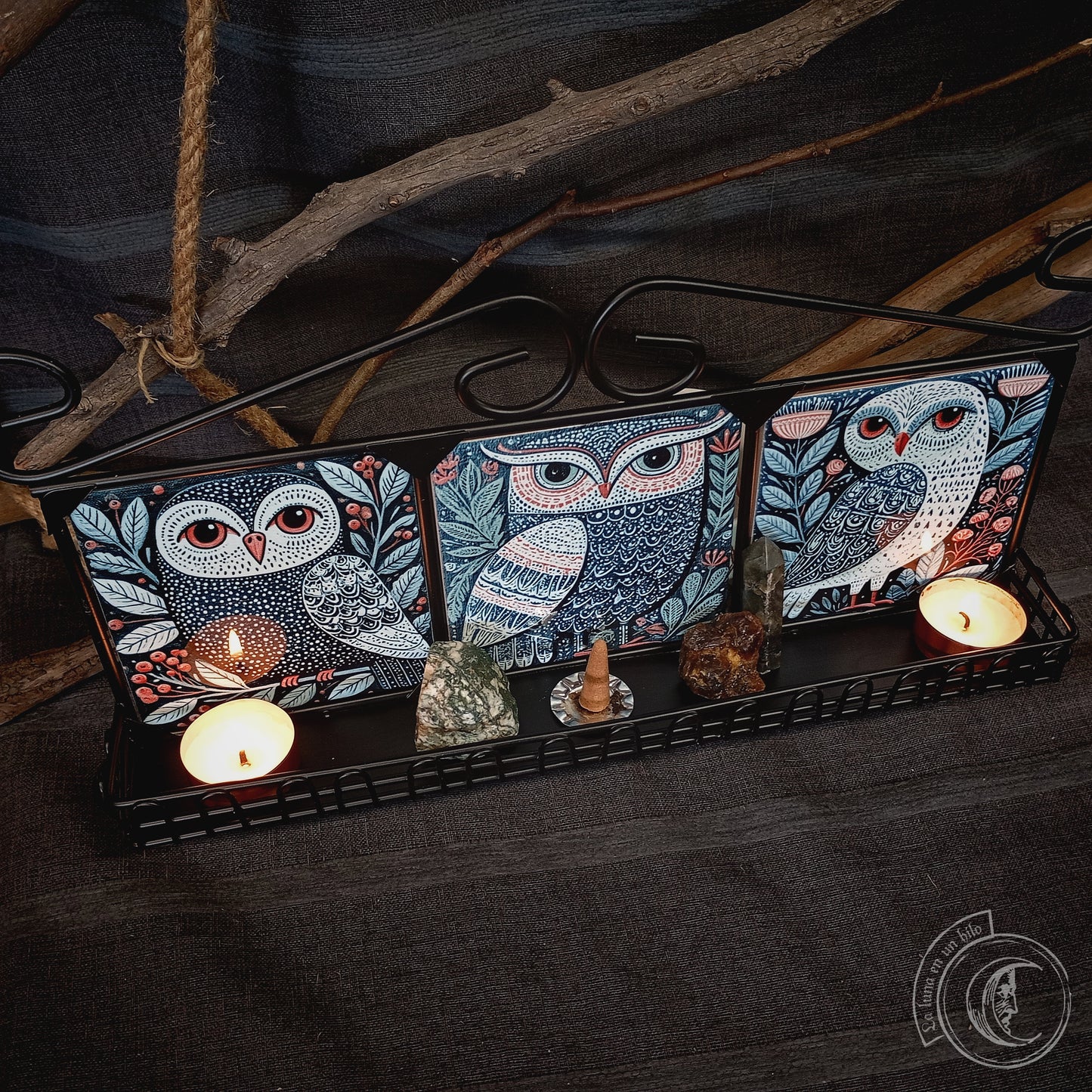 Scandinavian Folk Owl Wall Shelf | Wrought Iron Shrine
