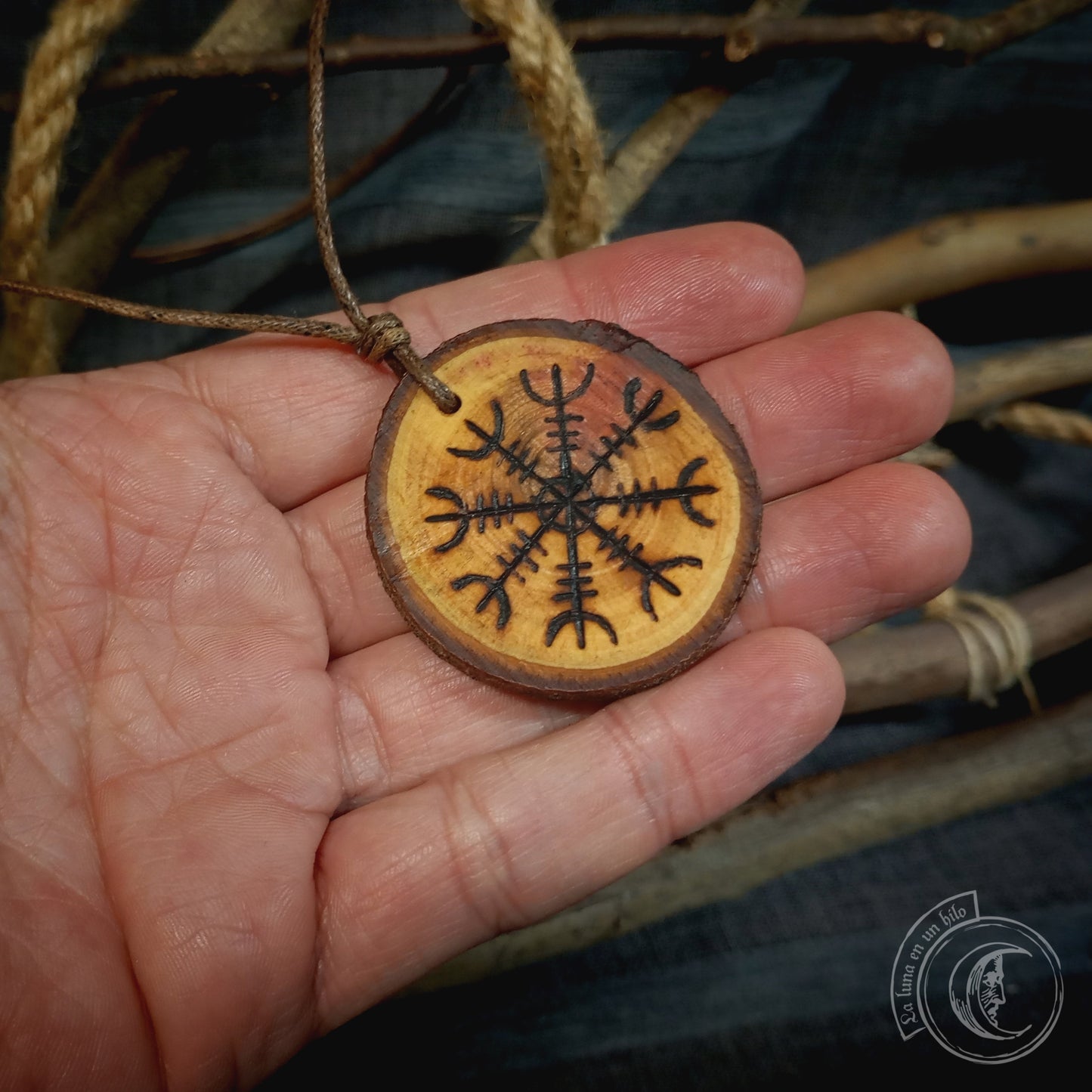 Aegishjalmur Handcrafted Carob Wood Pendant - Viking Necklace
