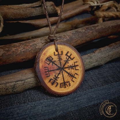 Vegvisir Handcrafted Carob Wood Pendant - Norse Compass Viking Necklace