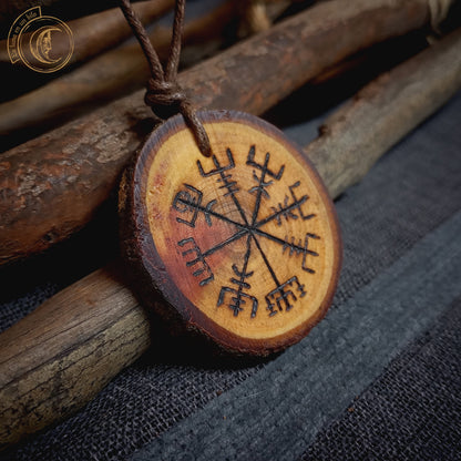 Vegvisir Handcrafted Carob Wood Pendant - Norse Compass Viking Necklace