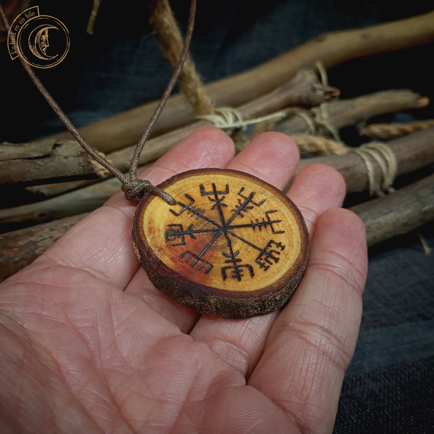 Vegvisir Handcrafted Carob Wood Pendant - Norse Compass Viking Necklace