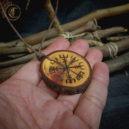 Vegvisir Handcrafted Carob Wood Pendant - Norse Compass Viking Necklace