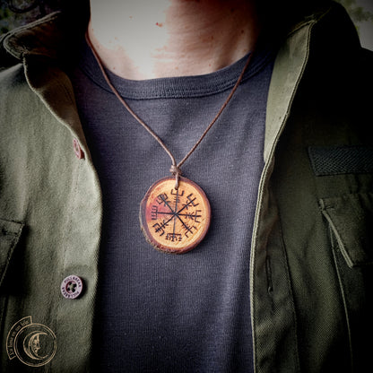 Vegvisir Handcrafted Carob Wood Pendant - Norse Compass Viking Necklace